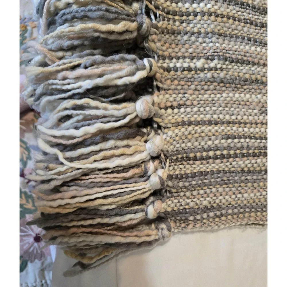 Altar'D State Striped Fringed Afghan, 100% Acrylic Lap Throw, Gray Tan White